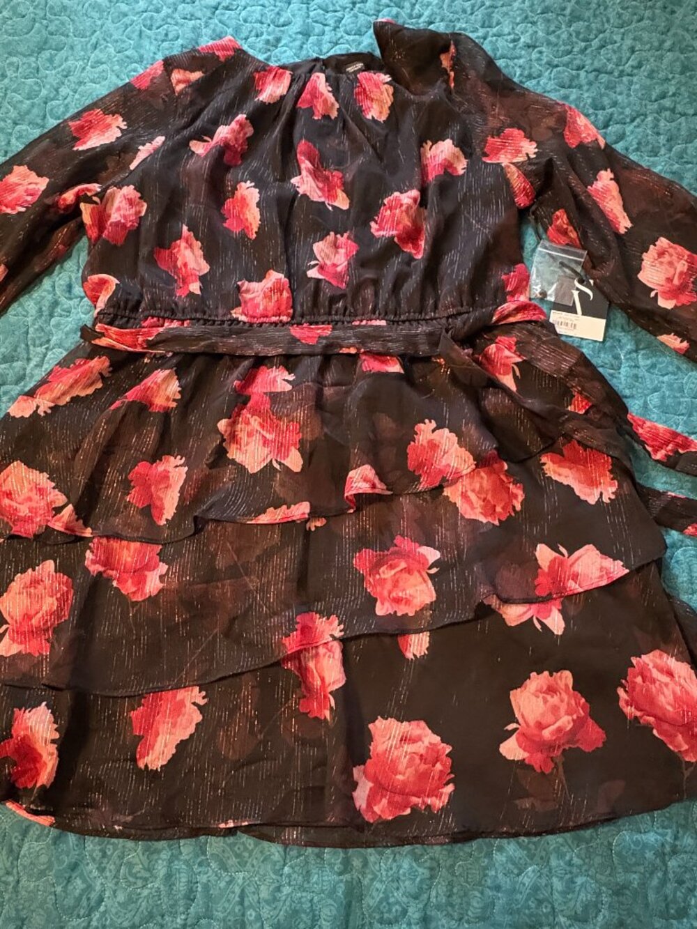 Simply Vera Wang Dress Pink Floral Pattern on Black w/Ruffled Tired Skirt Sz.XXL